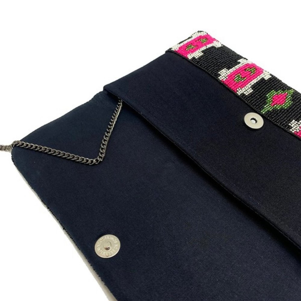 Black Fuchsia Ikat Pattern Boho Beaded Clutch Crossbody Bag Bohemian Vibe NEW - Picture 3 of 4